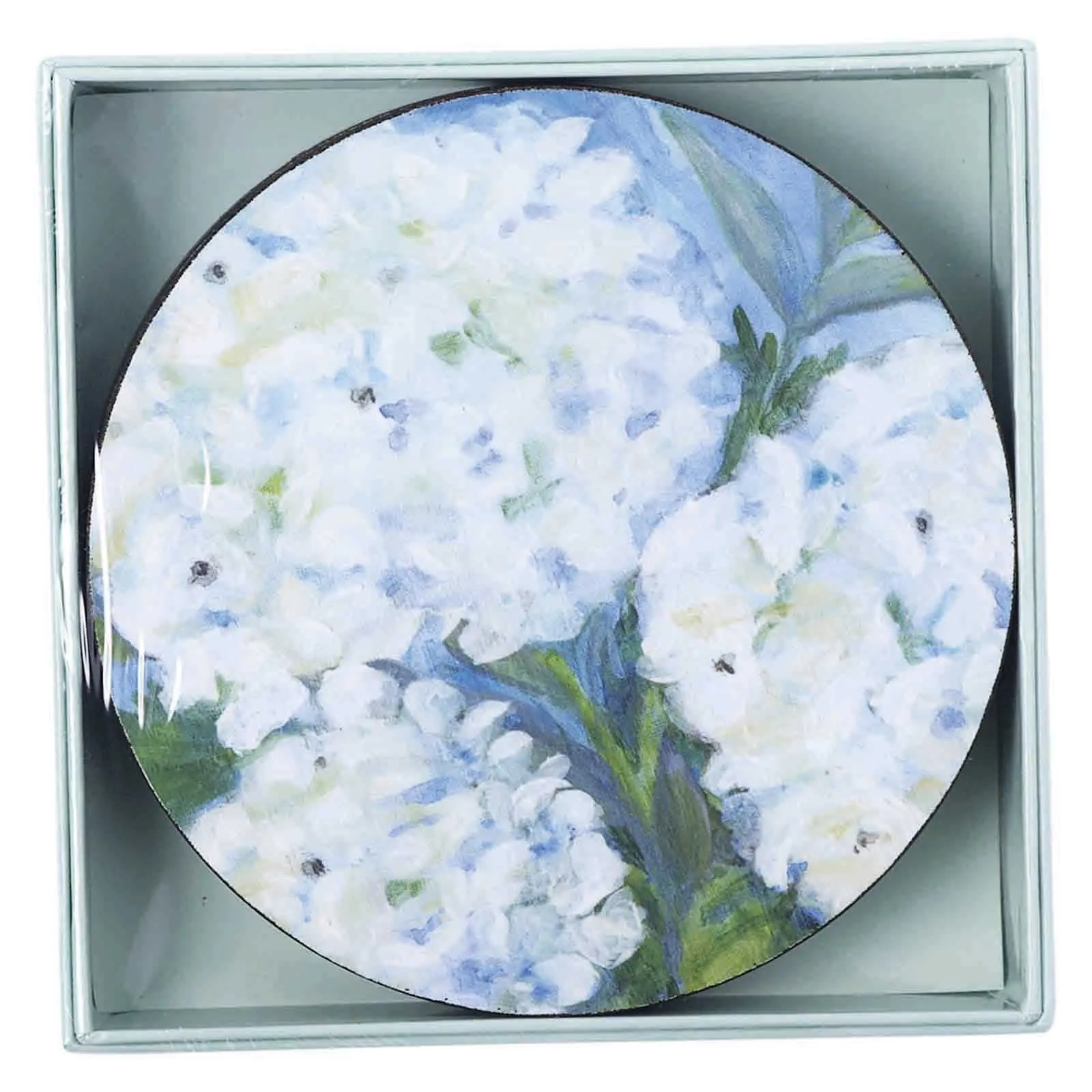 White Hydrangeas - Elegant Round Art Coasters Set of 4