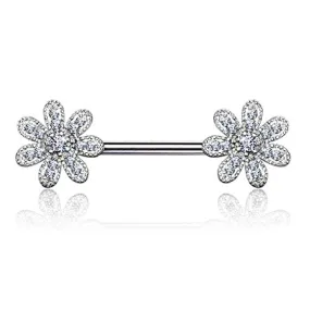 WildKlass CZ Gem Paved Flower 316L Surgical Steel Nipple Barbell Rings