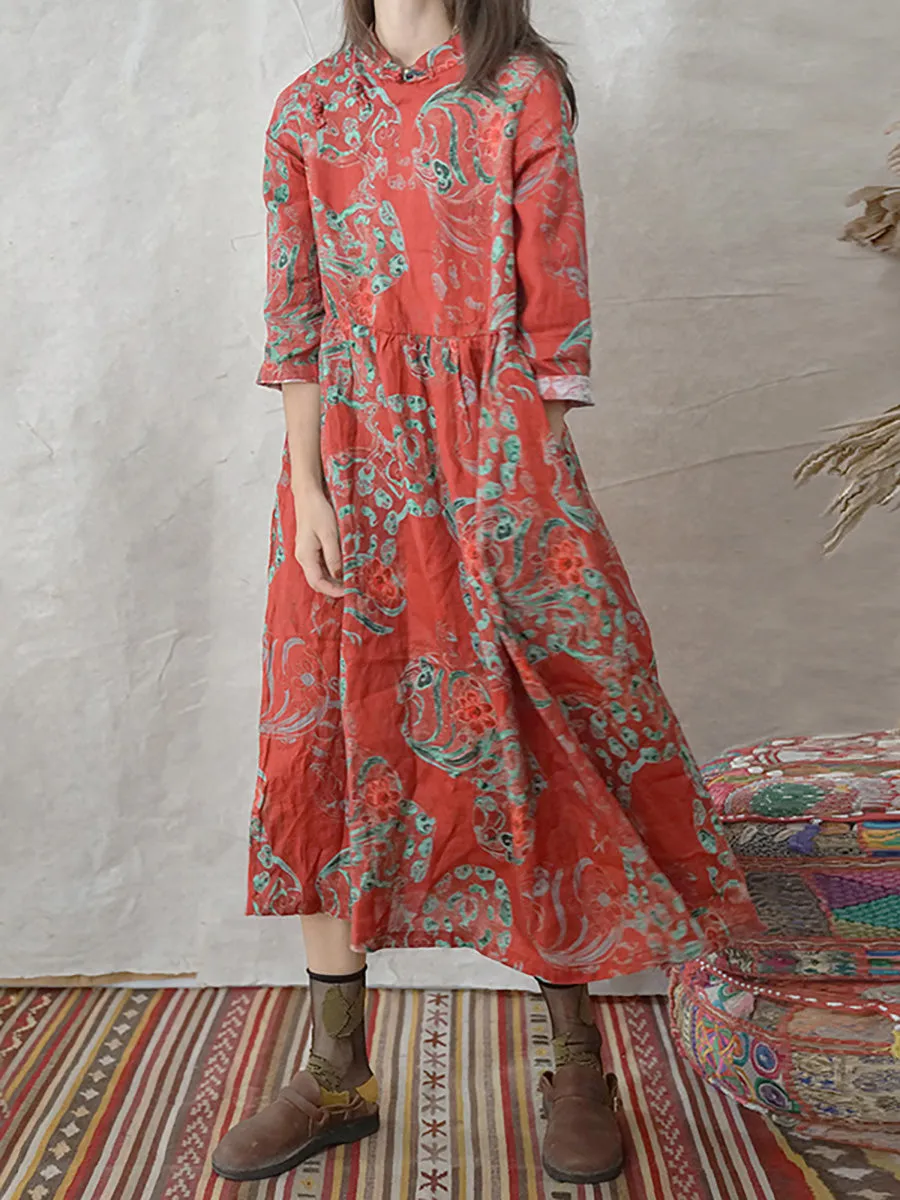 Women Linen Vintage Printed Floral Dress