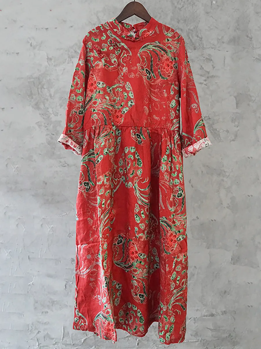 Women Linen Vintage Printed Floral Dress