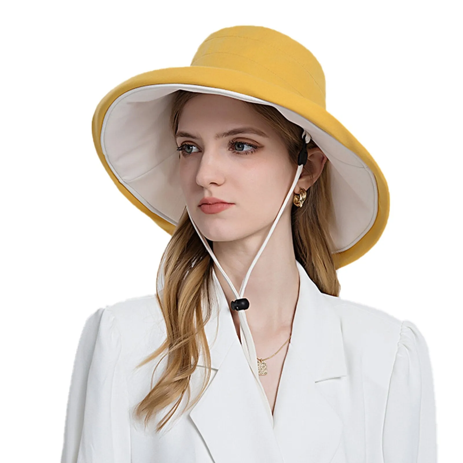 Women Polyester Cloth Casual Outdoor Double-side Back Brim Extended Foldable Sunshade Bucket Hats