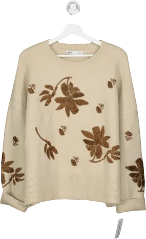 ZARA Beige Flower Design Beaded Jumper UK M