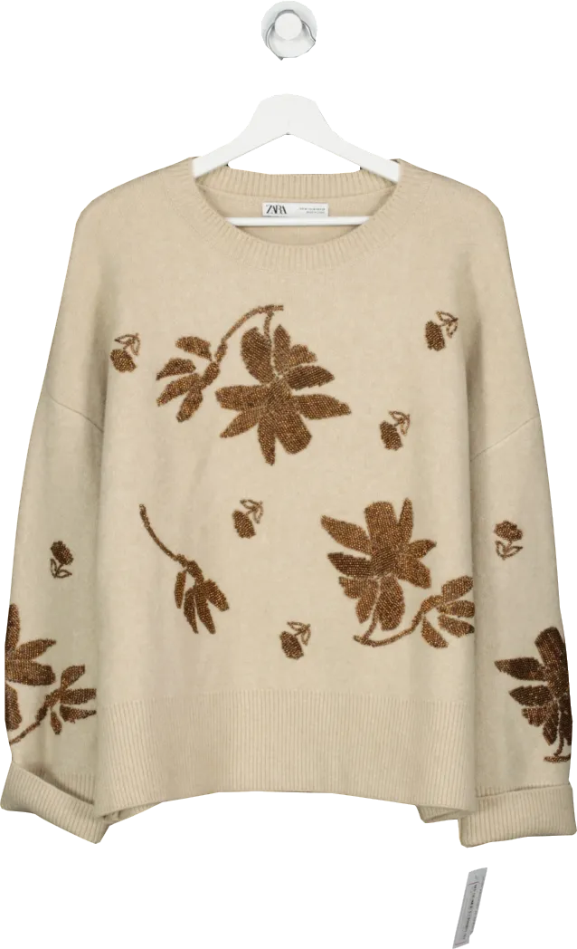 ZARA Beige Flower Design Beaded Jumper UK M